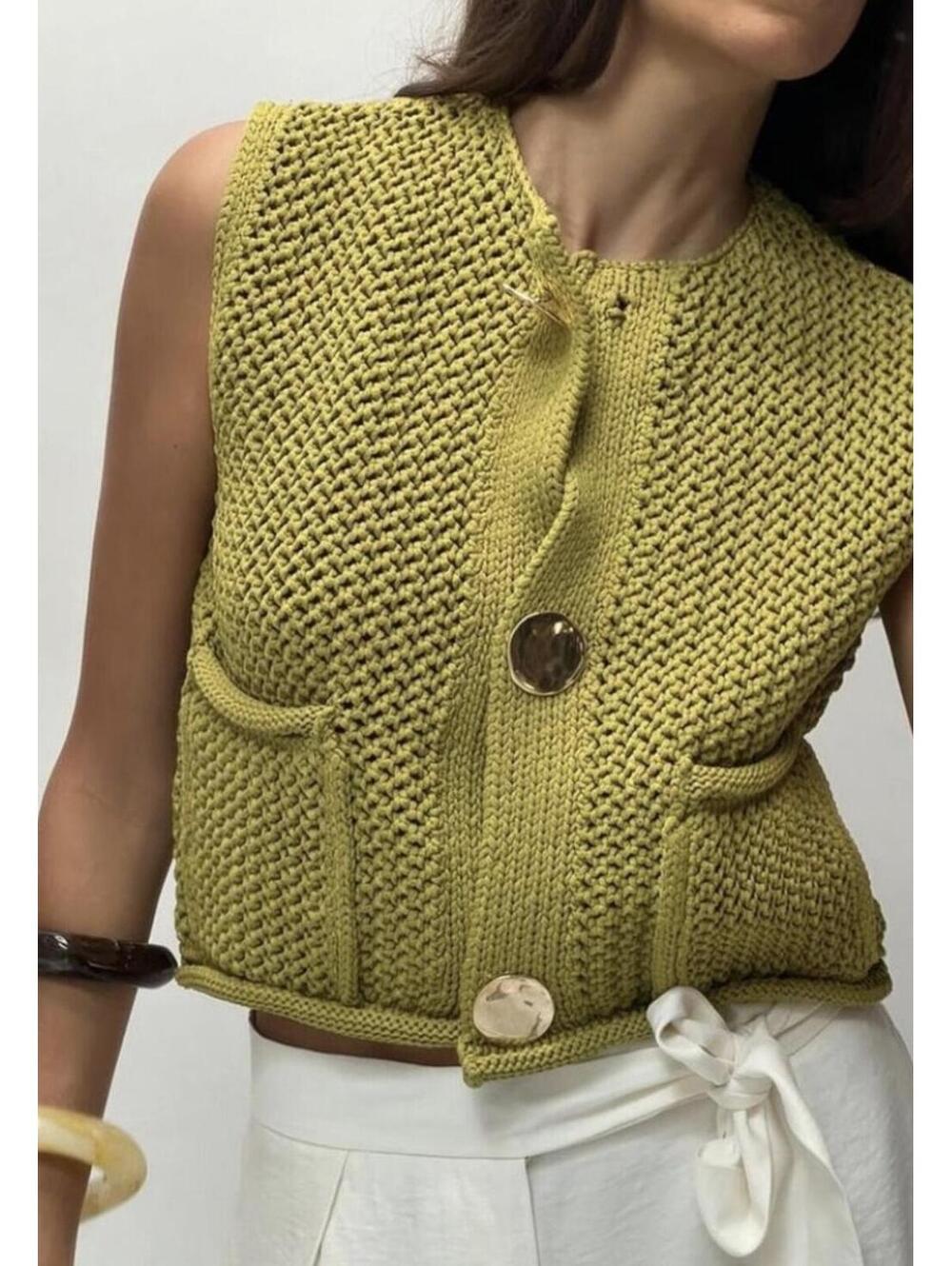 ZARA Olive Green Chunky Knit Sleeveless Sweater Vest - Women's Large NWOT